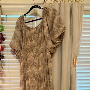 Baevely shimmer beige Floral Tiered Maxi Dress with Puff Sleeves